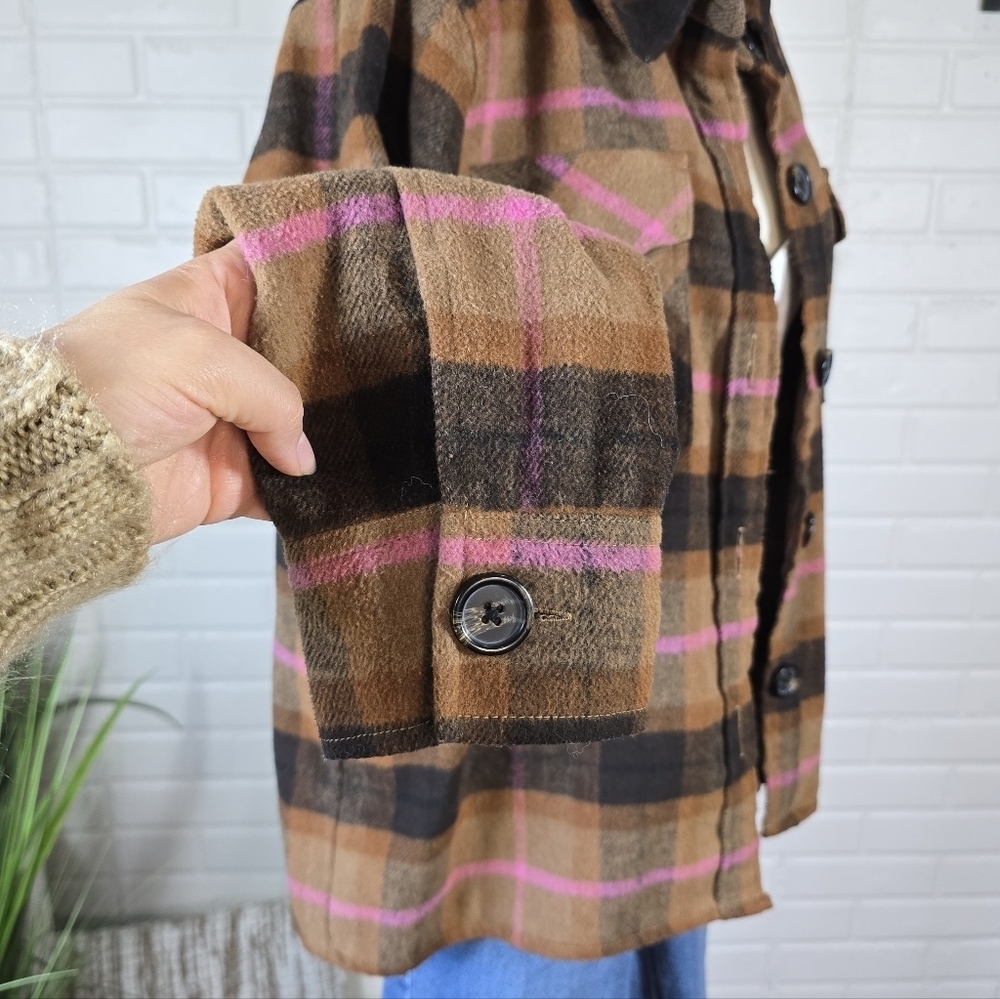 BB Dakota Brown Plaid Button Up Shacket Brown and Pink Size Large - Picture 8 of 9